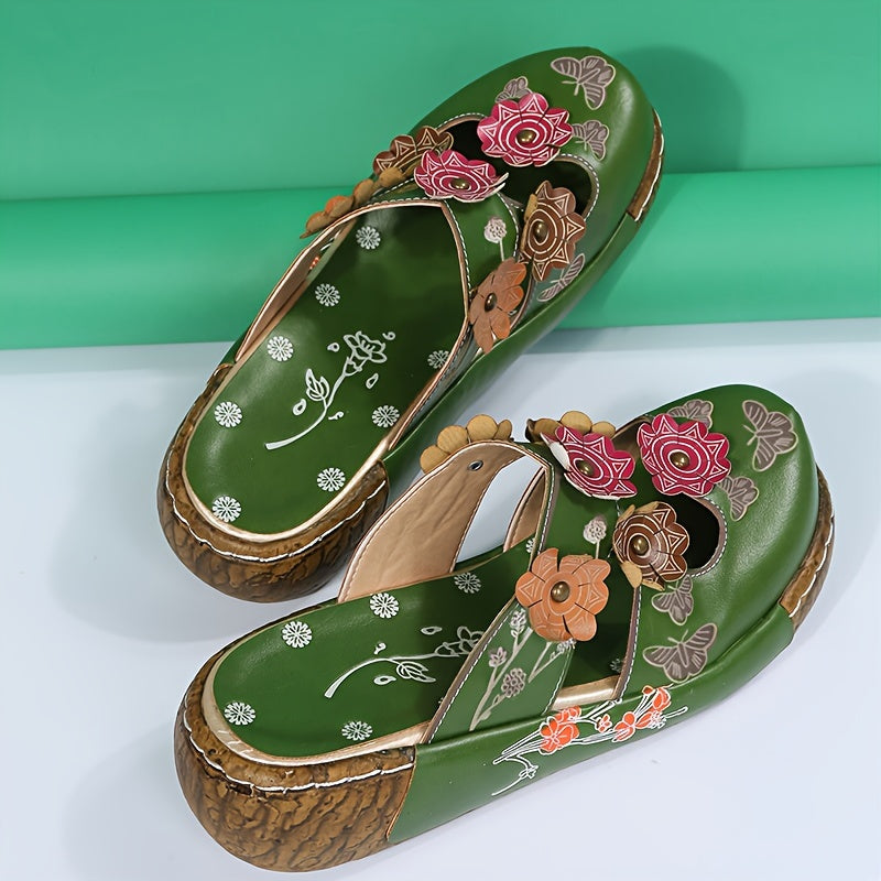 Women's Comfortable Wedge Heel Clogs with Flower Appliqué – Casual Boho Slip-On Shoes