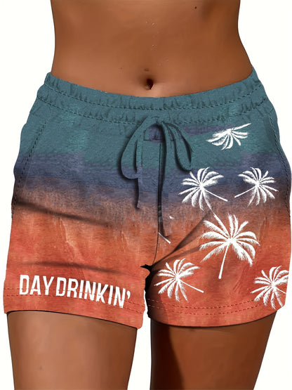 Women's casual shorts with palm tree print and "DAY DRINKIN'" statement for summer & vacation