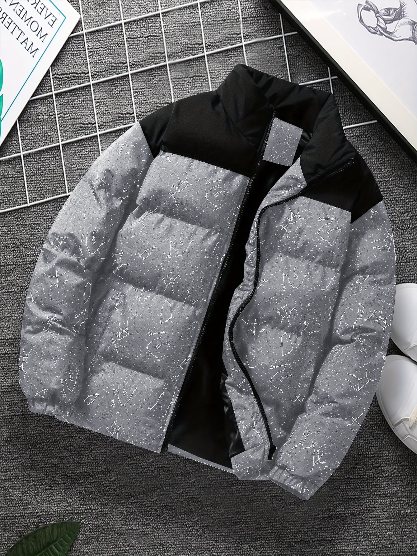 Padded jacket with constellation print, zipper, and stand-up collar