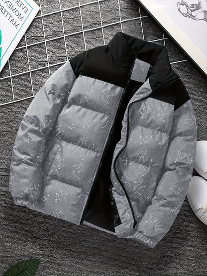 Padded jacket with constellation print, zipper, and stand-up collar