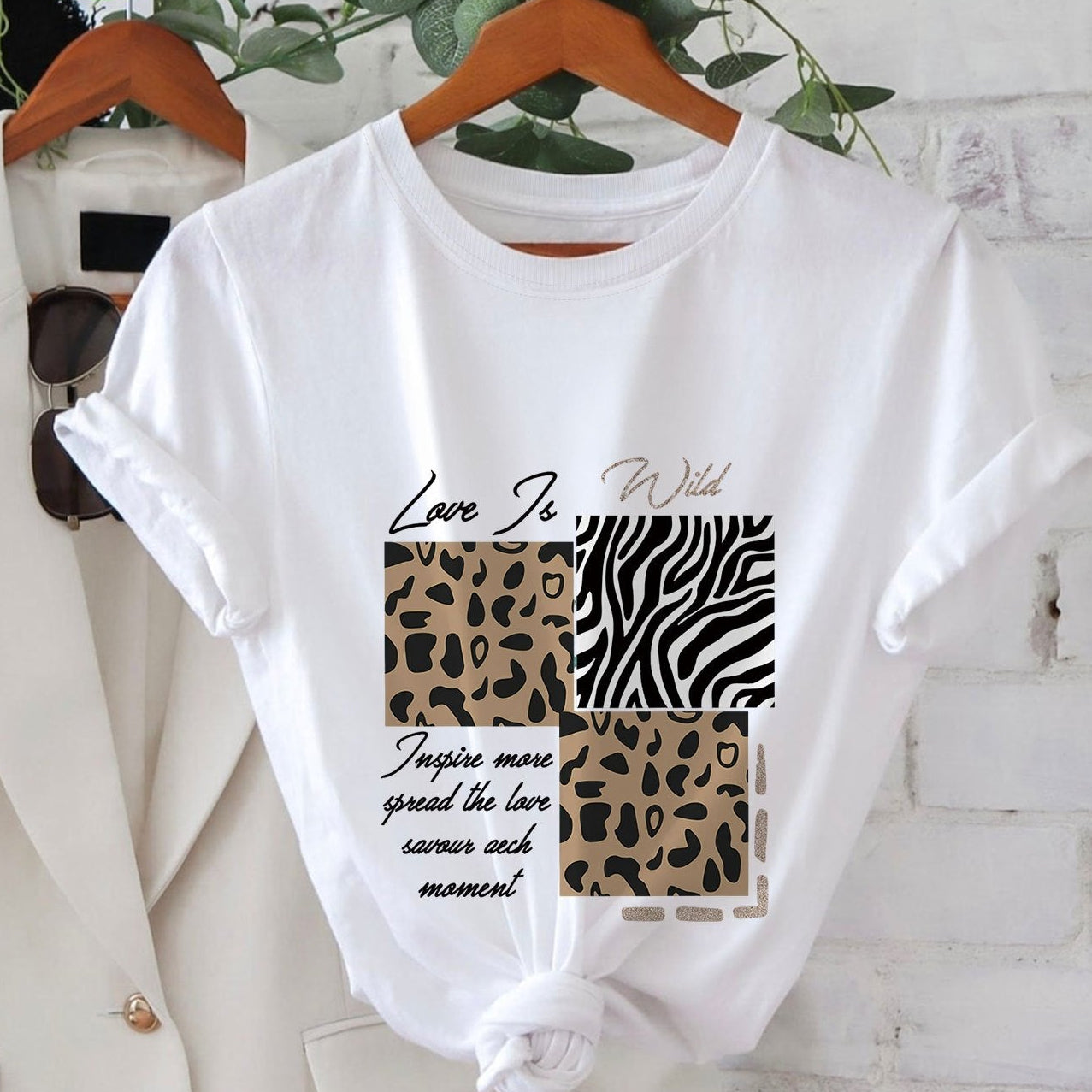 Women's T-shirt with Animal Print and Inspirational Quote – Modern Casual Shirt in Wild Look