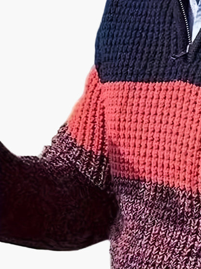 Herren Strickpullover mit Streifenmuster und Stehkragen – Modischer Freizeitpullover mit Viertelreißverschluss