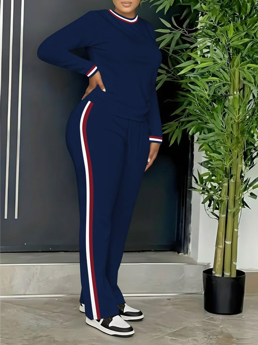 Women's tracksuit set, navy blue, long-sleeved top, trousers with side stripes