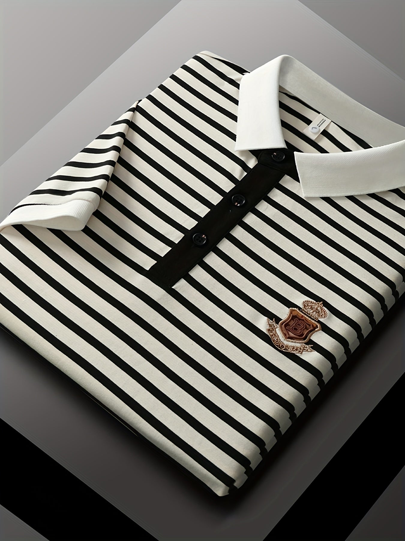 Men's Polo Shirt with Stripe Pattern and Chest Emblem – Classic, Short Sleeve, Smart-Casual for Leisure and Office