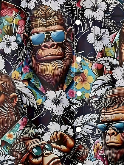 Herren Hawaiihemd mit Affen- und Blumenmuster – Lustiges Sommerhemd, Kurzarm, Freizeit