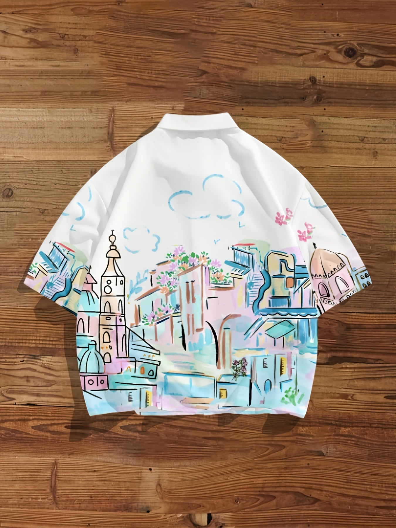Men's short-sleeve shirt with artistic city motif – Modern casual and summer shirt