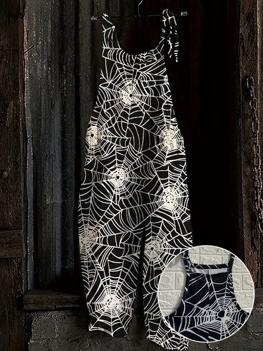 Women's jumpsuit, spiderweb pattern, black, tie straps, wide leg, casual one-piece outfit