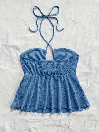 Women's Vintage Halter Babydoll Top with Embroidery – Summer Casual Top