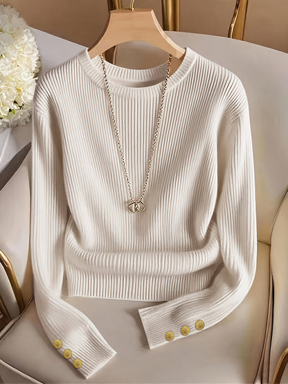 Women's rib-knit long-sleeve crew-neck sweater with buttons