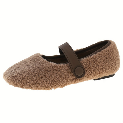 Women's Mary Jane plush-look ballet flats with strap – black, khaki, brown