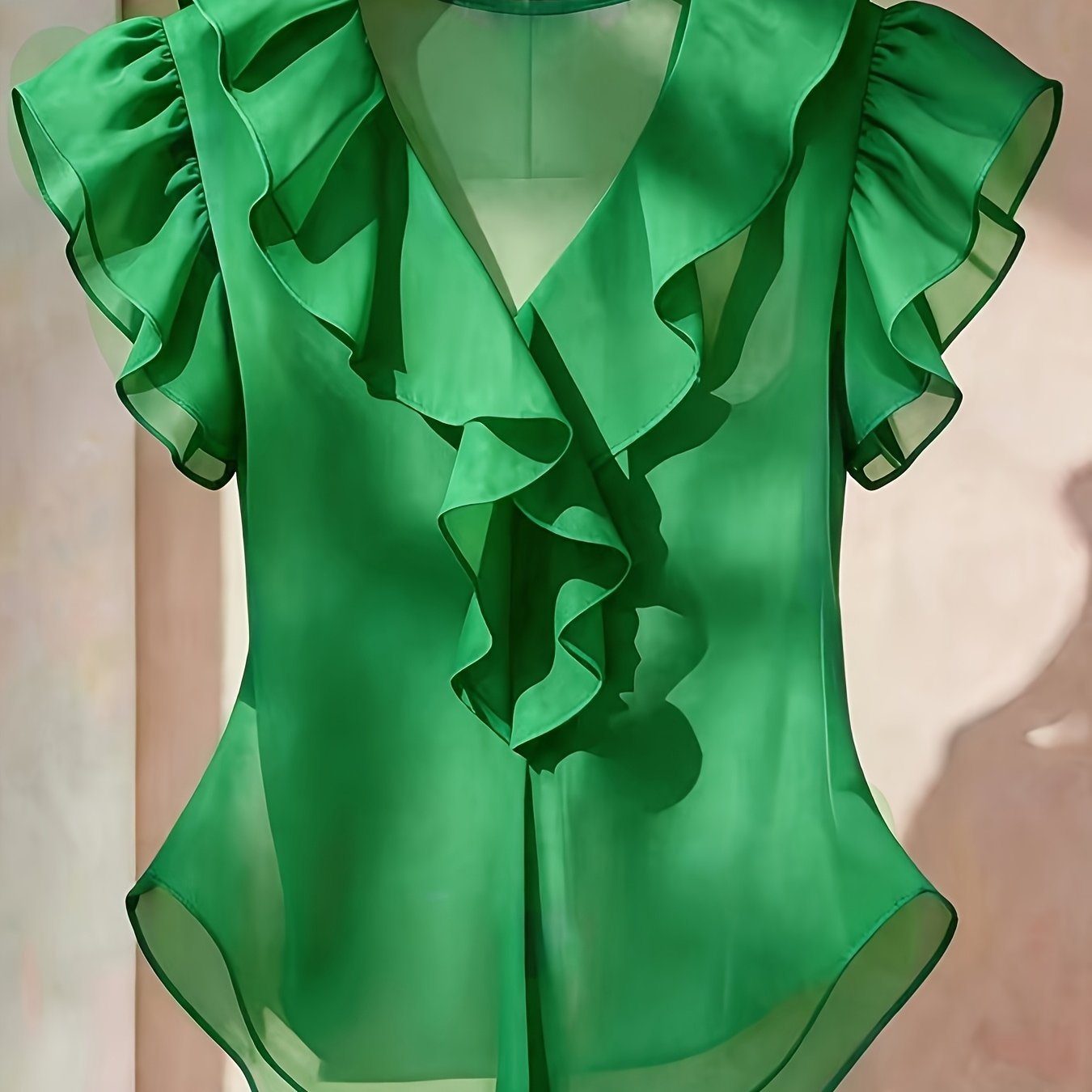 Women's blouse with ruffles and V-neck – Elegant frilled blouse for office and leisure