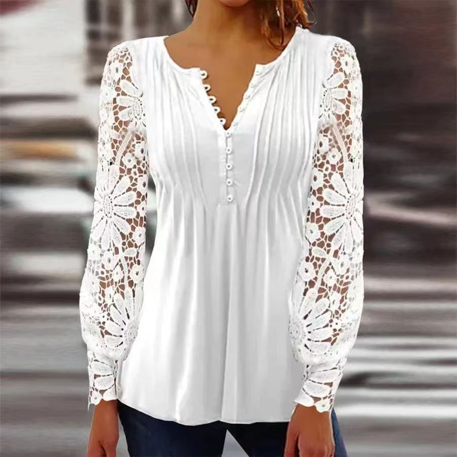 Sandra – Elegant T-shirt with lace sleeves and pleats in solid color