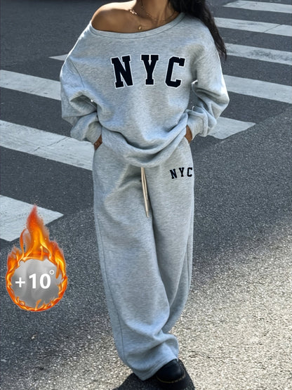 Gray women's tracksuit, wide-leg, “NYC” print, oversized fit