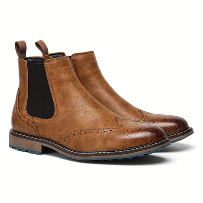 Brown Men's Chelsea Boots with Brogue Design and Elastic Inserts