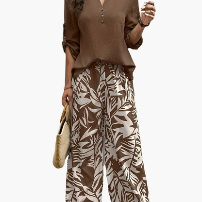 Women's Elegant Set with Tropical Pattern – Wide Pants and Blouse, Perfect for Spring & Summer