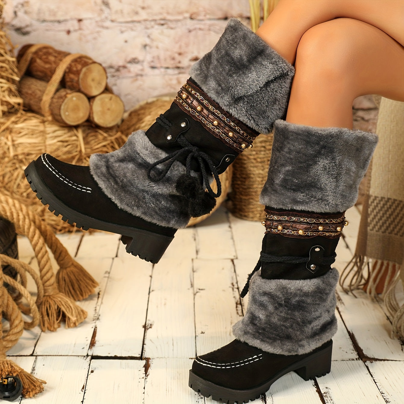 Women's brown winter boots with faux fur, decorative straps & pom-poms