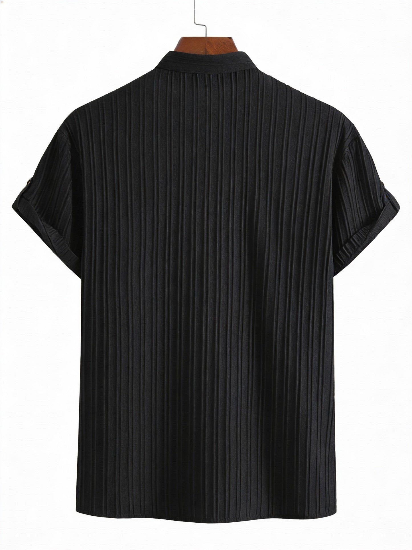 Men's short-sleeve shirt with pleated texture and stand-up collar – modern casual shirt for summer & vacation