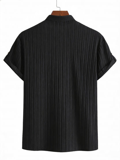 Men's short-sleeve shirt with pleated texture and stand-up collar – modern casual shirt for summer & vacation