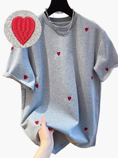 Women's T-Shirt with Embroidery and Heart Pattern – Casual Style, Spring/Summer