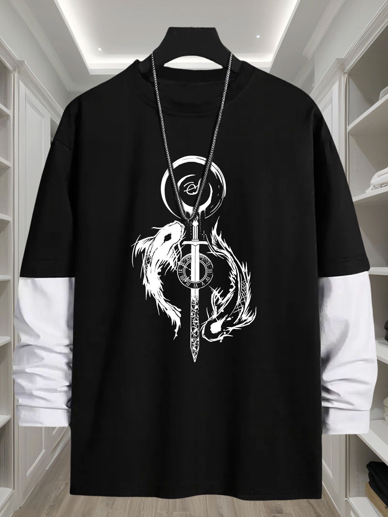 Unisex long-sleeve shirt with layered look, sword and fish graphic, black and white