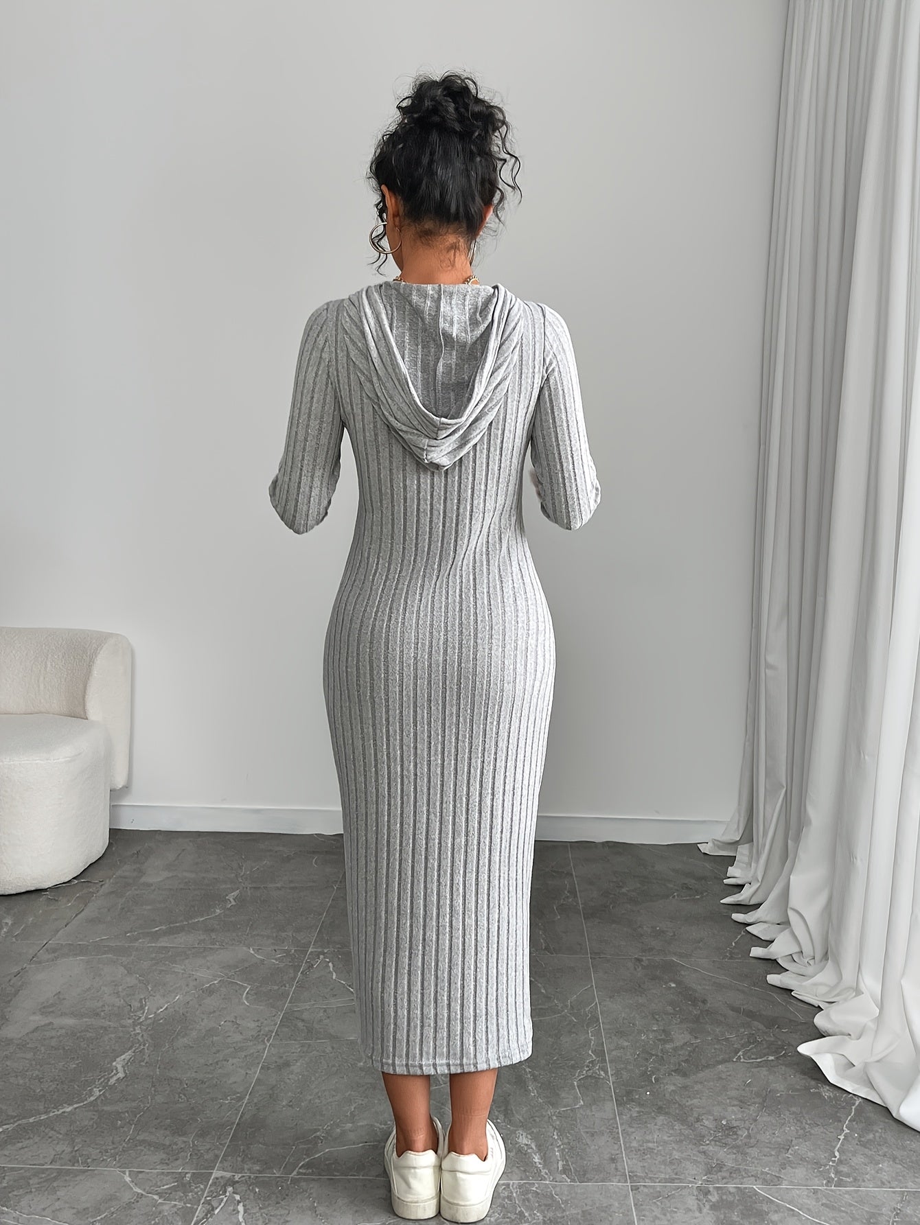 Ribbed midi dress for women, long-sleeve hooded dress