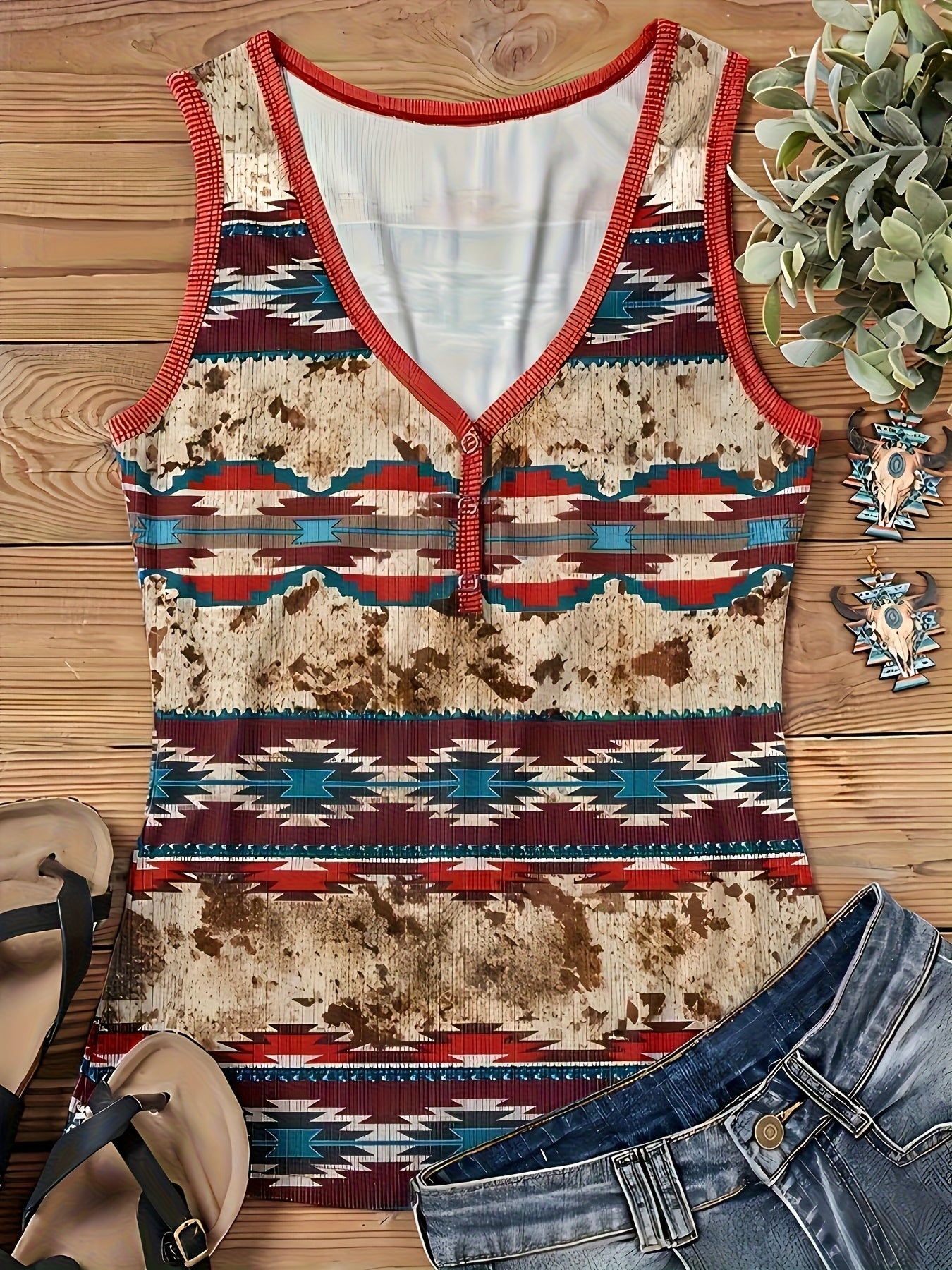 Women's Ethno-Style Summer Top with Button Placket and Geometric Pattern – Casual Leisurewear