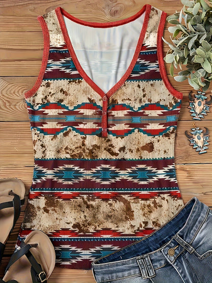 Women's Ethno-Style Summer Top with Button Placket and Geometric Pattern – Casual Leisurewear