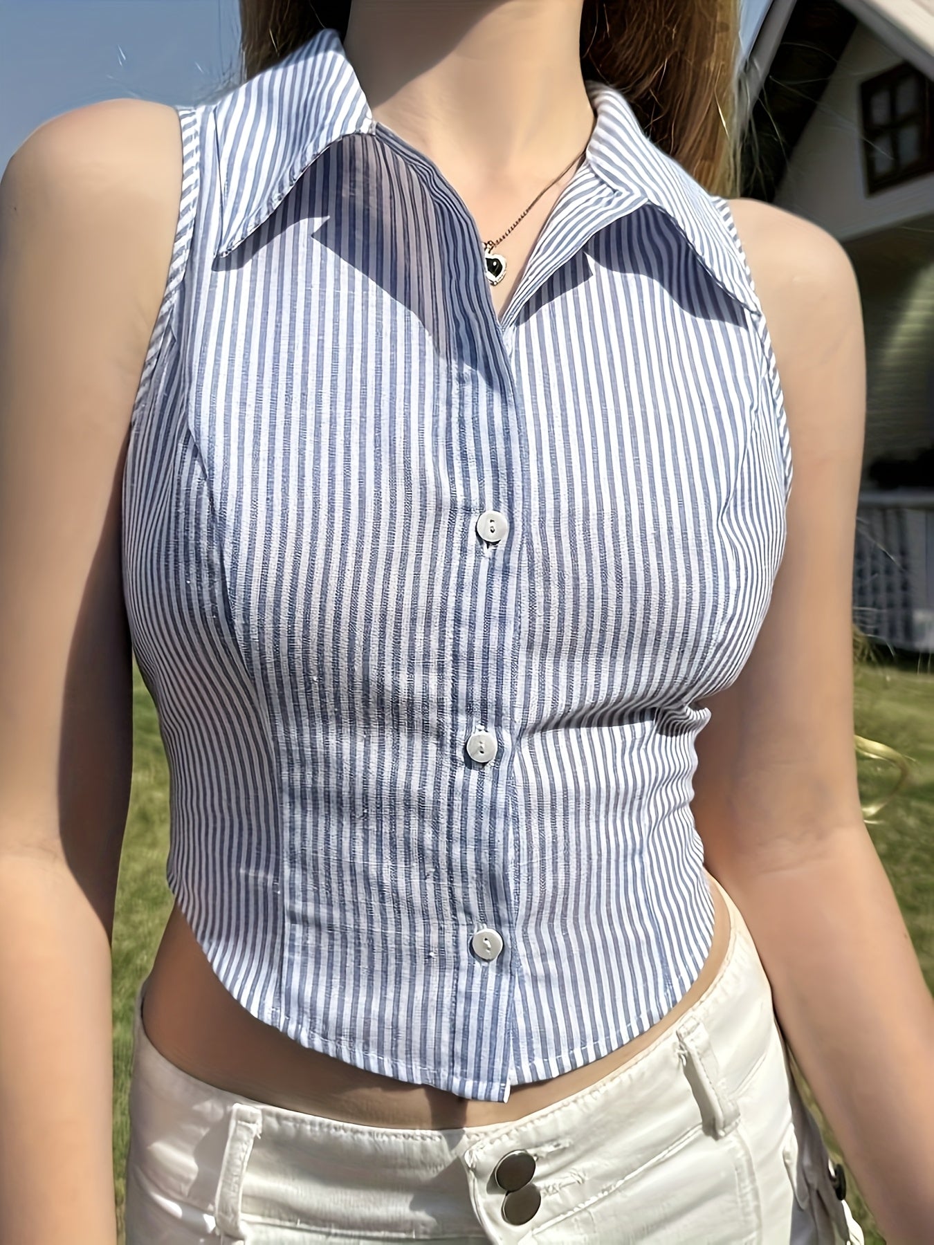 Women's sleeveless blouse in corset style with stripes for modern casual looks