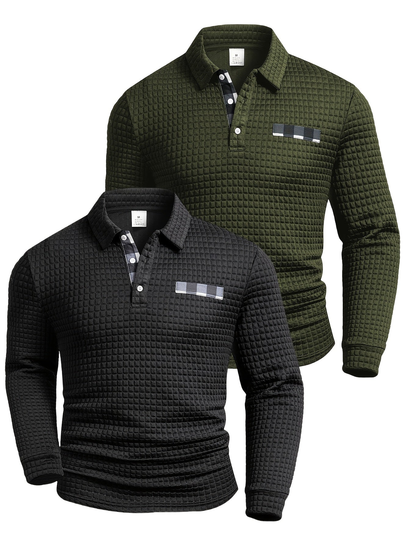 Men's long-sleeved polo shirt with a waffle texture and checked collar, navy blue and army green