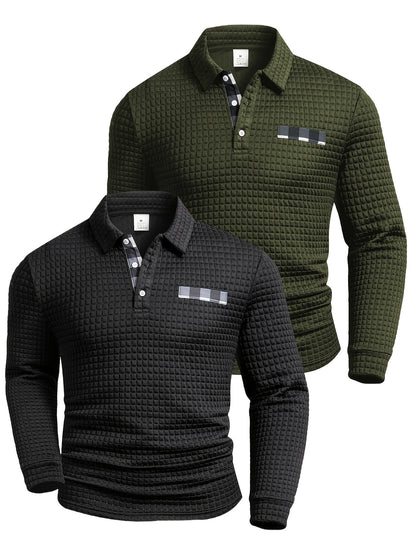 Men's long-sleeved polo shirt with a waffle texture and checked collar, navy blue and army green