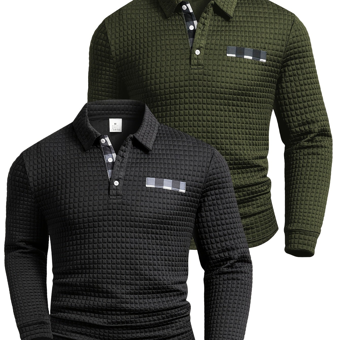 Men's long-sleeved polo shirt with a waffle texture and checked collar, navy blue and army green