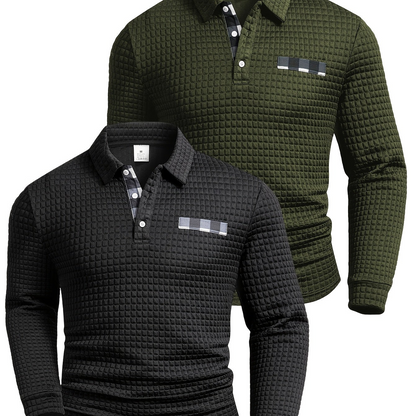 Men's long-sleeved polo shirt with a waffle texture and checked collar, navy blue and army green