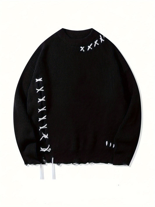 Unisex black knit sweater with cross-stitch details and a distressed effect