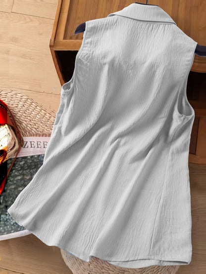 Damen ärmellose Bluse mit Blumenstickerei und Knopfleiste – Eleganter Freizeitstil