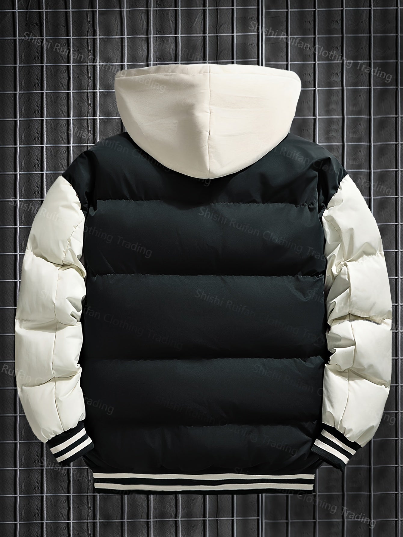 Unisex Winter Jacke im College-Stil mit abnehmbarer Kapuze, Kontrastärmeln & Patches