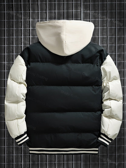 Unisex Winter Jacke im College-Stil mit abnehmbarer Kapuze, Kontrastärmeln & Patches