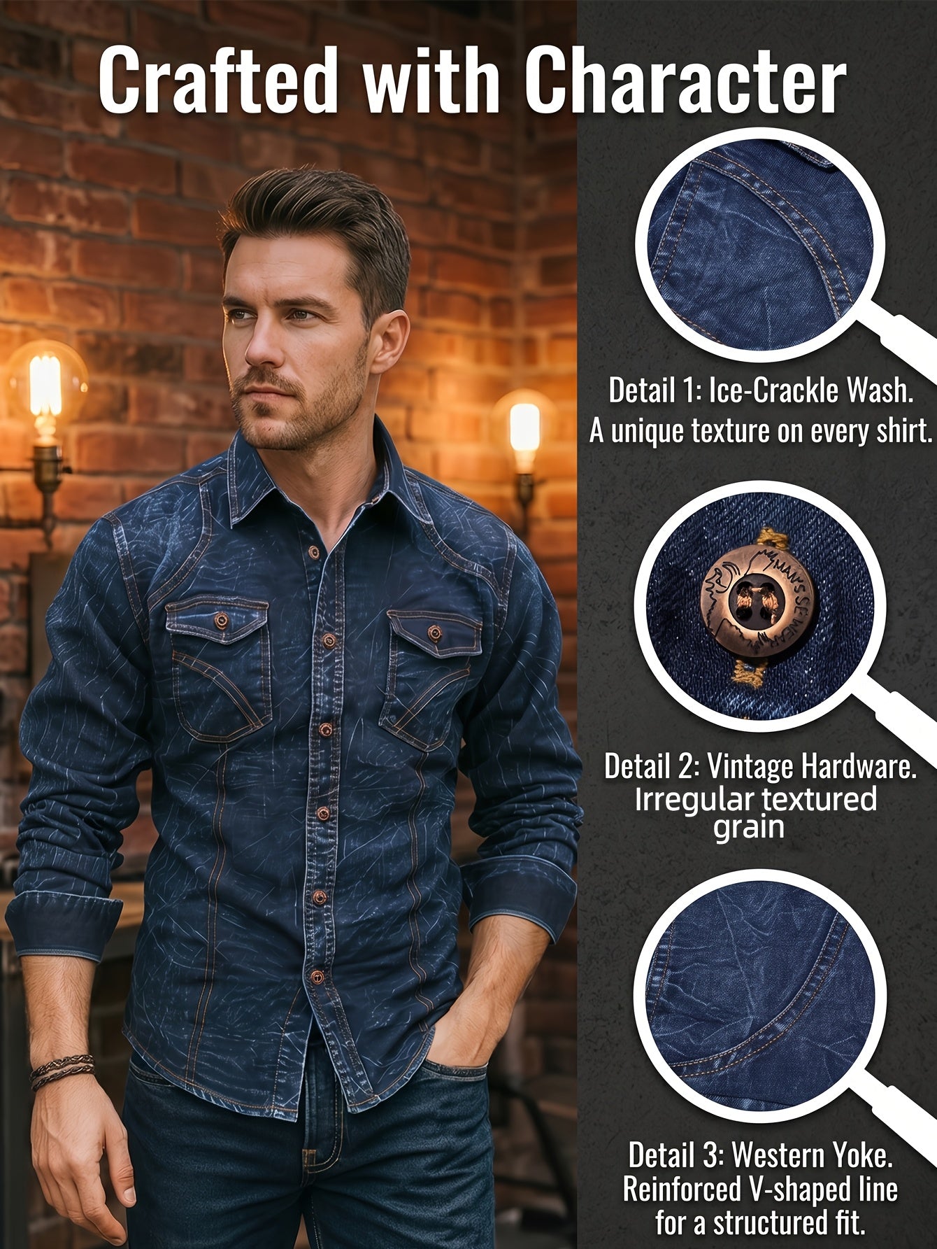 Men's long-sleeve dark blue denim shirt with chest pockets in a worn look