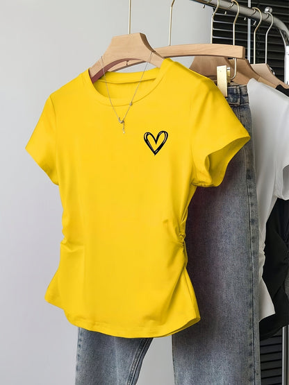 Women's T-shirt with Heart Print – Fashionable Summer Top, Fitted, Short Sleeve, Casual & Leisure Look