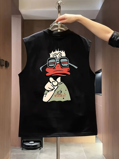 Men's streetwear tank top with cool comic duck print, sleeveless, urban style