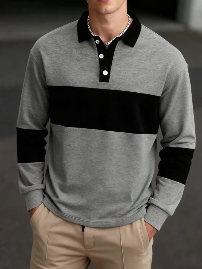 Men's long-sleeve striped rugby shirt with a polo collar, dark gray and black