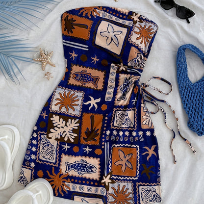 Women's bandeau mini dress with maritime print, beach holiday style, summer fashion