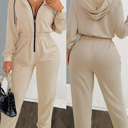 Women's jumpsuit with hood, zipper, and elastic waist