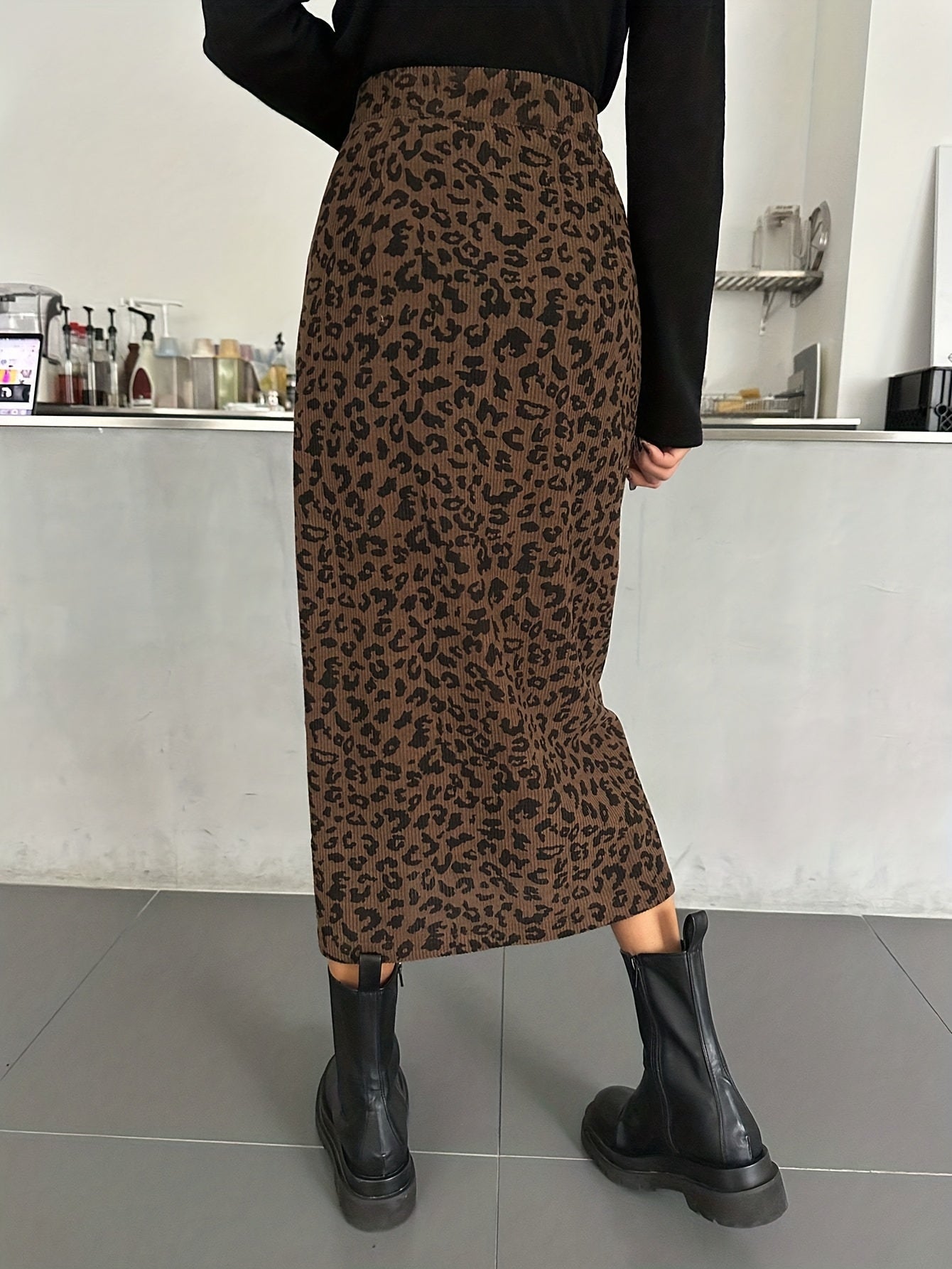 Damen Maxi Rock Leopard Print Rippstrick Schlitz