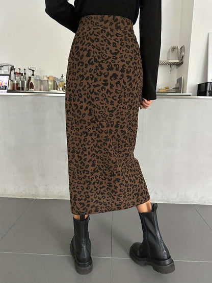 Damen Maxi Rock Leopard Print Rippstrick Schlitz