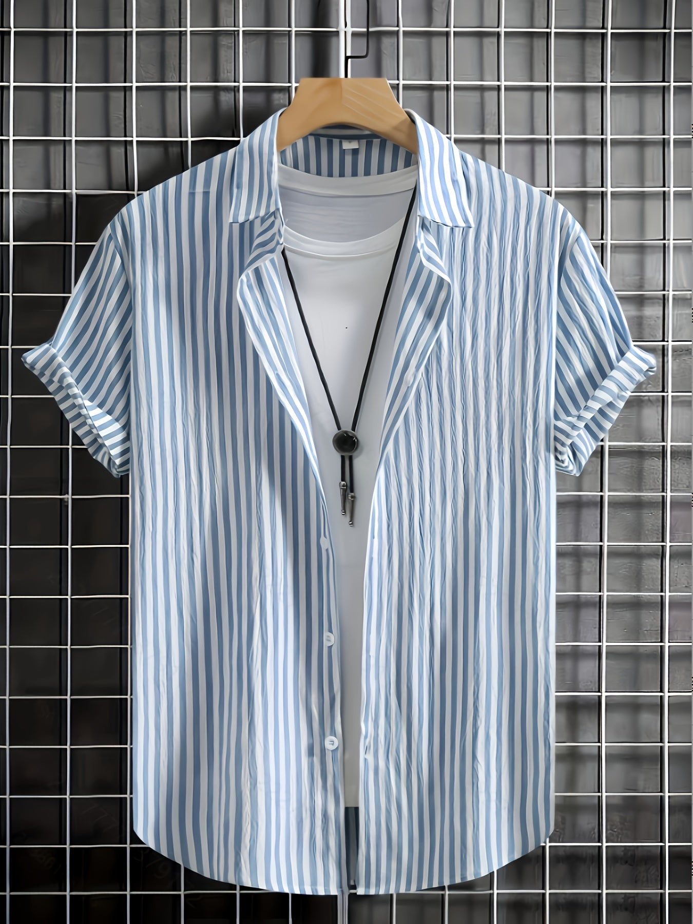 Men's Short-Sleeve Casual Shirt with Stripe Pattern and Open Collar – Summer Casual Shirt