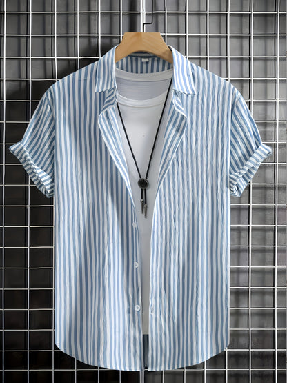 Men's Short-Sleeve Casual Shirt with Stripe Pattern and Open Collar – Summer Casual Shirt