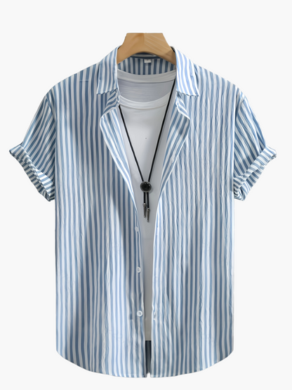 Men's Short-Sleeve Casual Shirt with Stripe Pattern and Open Collar – Summer Casual Shirt