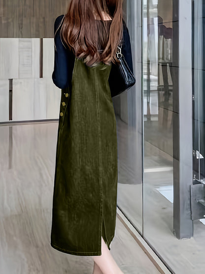 Women's Denim-Look Pinafore Midi Dress with Pocket – Fashionable Casual Dress for Everyday and City Wear