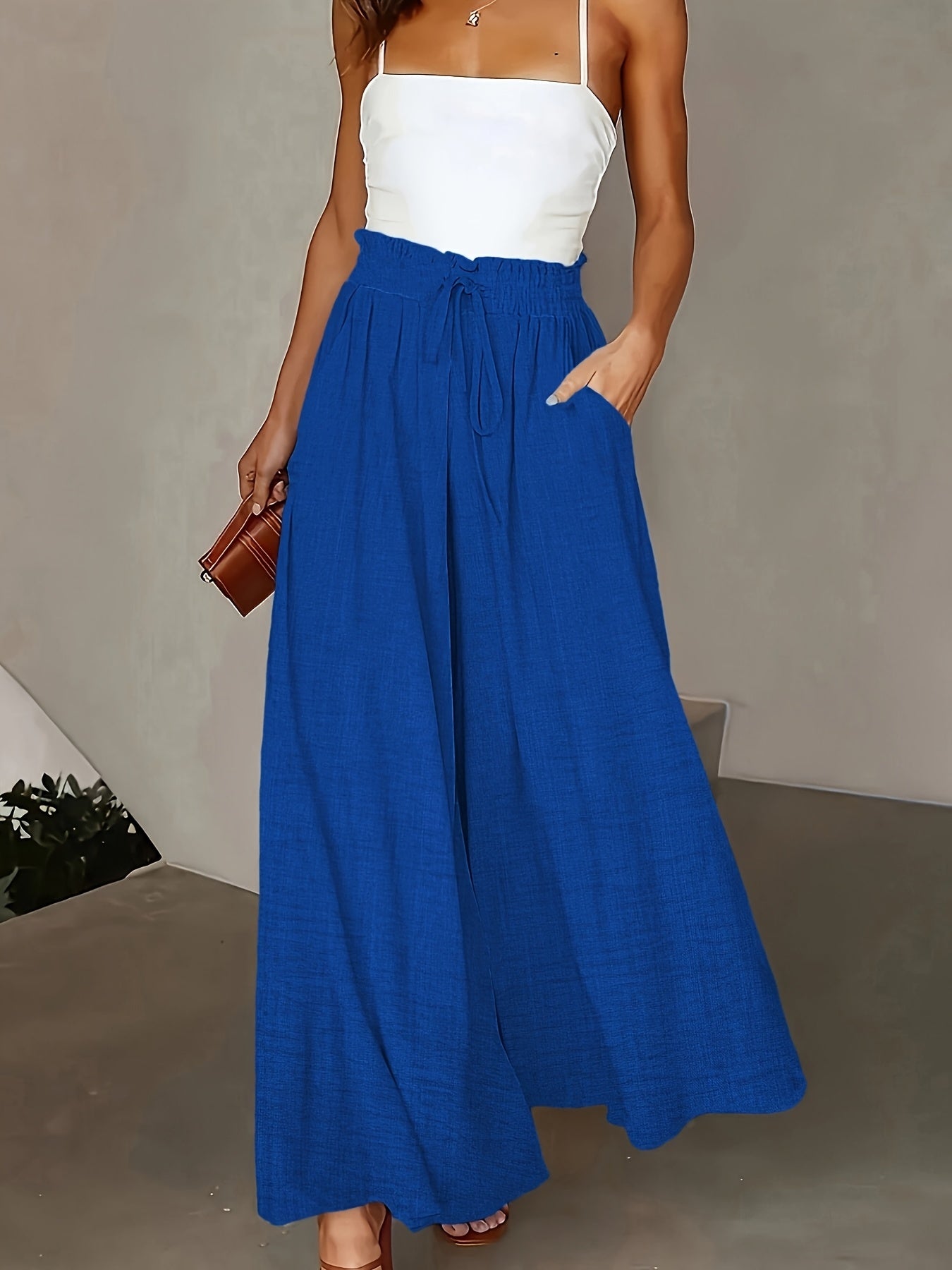 Women's Elegant Wide High Waist Palazzo Pants with Pockets – Perfect for Office & Leisure