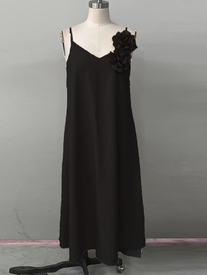Women's Elegant Maxi Dress with V-Neck and Floral Applique – Perfect for Summer Parties and Garden Gatherings